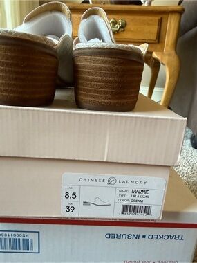 Chinese Laundry Cream Slip-On Mules with Stacked Brown Heel